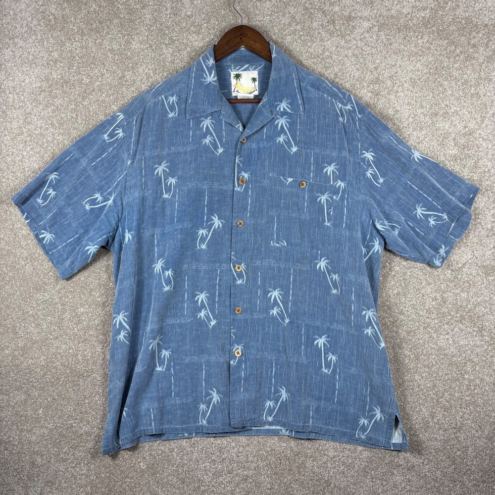 Banana Cabana Mens XL Blue 100% Silk Palm Tree Tropical Short Sleeve Camp Shirt